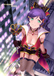 Rule 34 | 1girl, alternate costume, alternate hairstyle, artist name, artist request, bare shoulders, belt, black bow, black choker, black footwear, black gloves, black high heels, black shorts, black thighhighs, blush, bow, breasts, butterfly choker, butterfly hair ornament, choker, city, collarbone, collared vest, eyelashes, female focus, fishnet thighhighs, fishnets, floating, frilled thighhighs, frills, front slit, garter straps, gloves, green eyes, hair bow, hair ornament, hairclip, headset, high collar, high heels, highleg, highres, holding, holding wand, impossible clothes, impossible vest, jewelry, jyon, large breasts, long hair, looking at viewer, love live!, love live! school idol festival all stars, love live! school idol project, navel, parted lips, pendant, ponytail, popped collar, purple belt, purple hair, shorts, skin tight, smile, solo, swept bangs, thighhighs, tojo nozomi, twintails, vest, w arms, wand