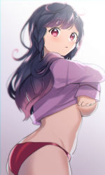 Rule 34 | 1girl, :o, absurdres, black hair, braid, breasts, clothes lift, commentary request, cowboy shot, french braid, from side, gradient hair, hair over shoulder, highres, hood, hoodie, hoodie lift, indie virtual youtuber, kazepana, kazepana (vtuber), large breasts, lifting own clothes, long hair, looking at viewer, multicolored hair, no bra, no pants, pants, pink hoodie, purple hair, red eyes, red pants, self-portrait, side braid, sideboob, solo, surprised, swept bangs, underboob, undressing, virtual youtuber