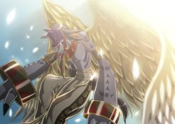 Rule 34 | anubimon, black eyes, bracelet, digimon, digimon (creature), feathered wings, jewelry, long hair, mask, no humans, official art, sky, solo, sparkle, tako kagerou, topless male, wings