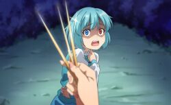 Rule 34 | 1girl, 1other, aqua vest, blue eyes, blue hair, blue skirt, blurry, commentary request, depth of field, fingernails, glint, gyouza (mhea5724), hair between eyes, hakurei reimu, heterochromia, highres, holding, holding needle, long sleeves, looking at viewer, needle, open mouth, outdoors, pink nails, pov, red eyes, shaded face, shirt, short hair, skirt, solo focus, sweat, tatara kogasa, touhou, white shirt