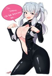 Rule 34 | 1girl, :d, absurdres, alternate hairstyle, biker clothes, bikesuit, blush, bodysuit, breasts, center opening, cleavage, collar, contrapposto, cowboy shot, eyebrows, from side, hair up, hands up, happy, high ponytail, highres, hip focus, idolmaster, idolmaster (classic), korean text, large breasts, latex, latex suit, legs apart, long hair, looking at viewer, navel, open bodysuit, open clothes, open mouth, plugsuit, pointing, pointing at self, ponytail, purple eyes, shijou takane, shiny clothes, sidelocks, silver hair, simple background, sketch, smile, solo, speech bubble, standing, sweatdrop, thighs, turtleneck, tuxedo de cat, white background