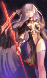 Rule 34 | 1girl, absurdres, black dress, breasts, capelet, clothing cutout, dark persona, dress, fate/grand order, fate (series), hair ribbon, highres, holding, holding weapon, hoojiro, lance, large breasts, long hair, looking to the side, navel, navel cutout, pelvic curtain, polearm, purple hair, ribbon, martha (fate), sky, solo, star (sky), starry sky, thighhighs, very long hair, weapon, wrist guards, yellow eyes