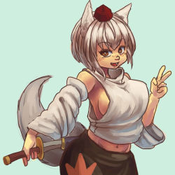 Rule 34 | 1girl, animal ears, blush, breasts, bright pupils, brown eyes, chanta (ayatakaoisii), cowboy shot, detached sleeves, green background, hand up, hat, holding, holding sword, holding weapon, inubashiri momiji, large breasts, long sleeves, looking at viewer, midriff, navel, open mouth, red hat, shadow, shirt, short hair, sideboob, silver hair, simple background, sleeveless, sleeveless shirt, smile, solo, sword, tail, tokin hat, touhou, v, weapon, white pupils, white shirt, white sleeves, wolf ears, wolf tail