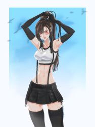 Rule 34 | 1girl, armpits, arms up, bandaid, bandaid on cheek, bandaid on face, black hair, black skirt, black thighhighs, breasts, brown hair, closed mouth, cowboy shot, crop top, detached sleeves, final fantasy, final fantasy vii, final fantasy vii remake, highres, large breasts, long hair, looking at viewer, mercy (myrrcy), midriff, navel, ponytail, red eyes, skirt, solo, standing, suspender skirt, suspenders, tank top, thighhighs, tifa lockhart, white tank top, zettai ryouiki