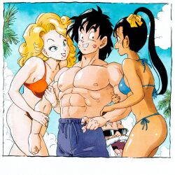 2boys 2girls abs bare_pectorals beach bikini black_eyes blonde_hair blue_eyes blue_sky blue_swim_trunks bow bracelet breasts brown_eyes cleavage commentary curly_hair dark-skinned_female dark_skin dragon_ball dragonball_z english_commentary gold_bracelet grin hair_bow high_ponytail highres holding_another&#039;s_arm jewelry lipstick_mark long_hair looking_at_another medium_breasts medium_hair mole mole_under_mouth multiple_boys multiple_girls muscular muscular_male muten_roushi old old_man open_mouth palm_tree pectorals red_bikini red_lips runny_nose silverwoodwork sky small_breasts smile snot son_goten string_bikini sunglasses swimsuit teeth tree yellow_bow