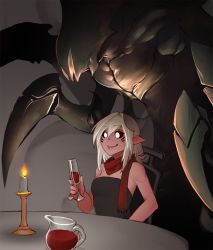 Rule 34 | 1girl, aiko (less), alcohol, candle, chair, cup, dress, drinking glass, less, monster, original, pointy ears, scar, smile, strapless, strapless dress, table, white hair, wine, wine glass