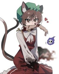Rule 34 | absurdres, animal ear fluff, animal ears, blood, blood on clothes, blood on face, blood on hands, bow, brown eyes, brown hair, cat ears, cat tail, censored, chen, death, dress, earrings, fang, frills, green hat, hat, heart, highres, holding another&#039;s arm, jewelry, kiliko-san, long sleeves, looking at viewer, mob cap, mosaic censoring, multiple tails, red dress, severed arm, severed limb, shirt, simple background, single earring, sitting, tail, touhou, white background, white bow, white shirt