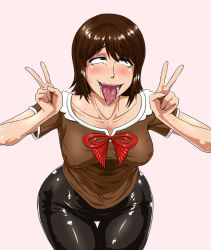 Rule 34 | 1girl, ahegao, amakura mio, blush, breasts, brown eyes, brown hair, covered erect nipples, double v, dripping, drooling, fatal frame, fatal frame 2, female focus, impossible clothes, large breasts, leggings, ml, nipples, open mouth, ribbon, rolling eyes, saliva, simple background, solo, standing, sweat, tears, teeth, thigh gap, tongue, tongue out, v, white background, wide hips