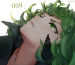Rule 34 | 1girl, annoyed, artist name, black dress, dress, green eyes, green hair, head, highres, looking up, medium hair, one-punch man, parted lips, simple background, solo, sorapoi, tatsumaki, teeth, white background