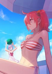 Rule 34 | 2girls, ahoge, ball, beach umbrella, beachball, bikini, blush, breasts, commentary request, eyes visible through hair, fate/grand order, fate (series), fujimaru ritsuka (female), fujimaru ritsuka (female) (brilliant summer), hair between eyes, hair ornament, hair over one eye, hair scrunchie, halterneck, highres, light purple hair, looking at another, looking away, mash kyrielight, mash kyrielight (swimsuit of perpetual summer), midriff, multiple girls, navel, o-ring, o-ring top, official alternate costume, one side up, orange eyes, orange hair, orange scrunchie, purple eyes, scrunchie, short hair, side ponytail, sitting, small breasts, stomach, striped bikini, striped clothes, swimsuit, umbrella, yellow scrunchie, yue (tada no saboten)
