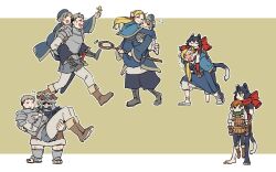 Rule 34 | 3boys, 3girls, ambrosia (dungeon meshi), animal ears, arm guards, arm on another&#039;s head, armor, bare shoulders, barefoot, beard, belt pouch, black fur, black hair, black pants, blonde hair, blue capelet, blue headwear, blue jacket, blue robe, blush, body fur, boots, braid, brother and sister, brown footwear, brown gloves, bug, butterfly, butterfly on hand, capelet, carrying, cat ears, cat girl, cat tail, chilchuck tims, closed eyes, crossed arms, dungeon meshi, dwarf, elf, facial hair, fake horns, falin touden, falin touden (tallman), fingerless gloves, foot dangle, french braid, gloves, gorget, green scarf, grey shirt, hair over shoulder, halfling, hand on another&#039;s head, hand on another&#039;s shoulder, happy, hat, heavy, height difference, helmet, highres, holding, holding staff, hood, hood down, hooded capelet, horned helmet, horns, hug, insect, izutsumi, jacket, laios touden, leather armor, long beard, long hair, long sleeves, looking to the side, marcille donato, multiple boys, multiple girls, multiple views, nichi (hibi suimin), open mouth, pants, pauldrons, piggyback, plate armor, pointy ears, ponytail, pouch, princess carry, red scarf, robe, running, sandals, scarf, senshi (dungeon meshi), shirt, short hair, shoulder armor, siblings, sleeping, sleeveless, sleeves rolled up, smile, sprout, staff, standing, tail, trembling, vambraces, white pants, white shirt, yellow butterfly