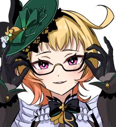 Rule 34 | 1girl, adjusting eyewear, ahoge, black-framed eyewear, black bow, black bowtie, black gloves, blonde hair, bow, bowtie, emilie (genshin impact), genshin impact, glasses, gloves, green hat, hands up, hat, highres, looking at viewer, parted lips, pink eyes, portrait, seshirun, short hair, simple background, smile, solo, white background