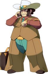 Rule 34 | 1boy, belt, belt buckle, briefcase, brown footwear, brown hair, brown shirt, brown vest, buckle, chaps, clay (pokemon), collared shirt, cowboy hat, creatures (company), frown, full body, game freak, green necktie, green pants, hat, holding, long sleeves, looking down, male focus, necktie, nintendo, official art, oomura yuusuke, pants, parted lips, pokemon, pokemon bw, shirt, shoes, short hair, solo, standing, transparent background, vest, watch, white hat, wristwatch