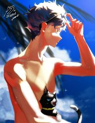 Rule 34 | 1boy, absurdres, amamiya ren, animal, black cat, black eyes, btmr game, cat, closed mouth, cloud, copyright name, day, eyewear on head, from side, highres, male focus, morgana (persona 5), outdoors, palm tree, persona, persona 5, persona 5 scramble: the phantom strikers, profile, topless male, signature, sky, sparkle, tree, upper body