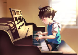 Rule 34 | 1boy, absurdres, brown hair, child, chinese commentary, closed eyes, closed mouth, commentary, highres, indoors, instrument, male focus, morning, music, original, piano, playing instrument, playing piano, shorts, sitting, solo, solo focus, xiaoyexiaoye