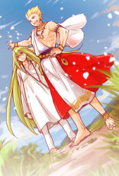 Rule 34 | 2boys, anklet, enkidu (fate), fate/stay night, fate/strange fake, fate (series), gilgamesh (fate), green eyes, green hair, hair slicked back, jewelry, long hair, lots of jewelry, multiple boys, official alternate costume, toga, yakan (kusogaki teikoku)