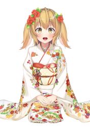 Rule 34 | 1girl, absurdres, animare, blonde hair, floral print, flower, hair flower, hair ornament, hands on lap, highres, imsaibo3, inaba haneru (animare), japanese clothes, kimono, long hair, multicolored sash, nanashi inc., obi, obijime, open mouth, red flower, sash, solo, two side up, virtual youtuber, white kimono, yellow eyes