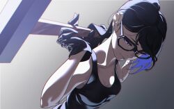 Rule 34 | 1girl, absurdres, bare shoulders, black-framed eyewear, black gloves, black hair, black tank top, breasts, cleavage, closed mouth, commentary, dutch angle, glasses, gloves, half-closed eyes, hammer, highres, holding, holding hammer, long hair, looking at viewer, marui (fxxstate ofmind), medium breasts, minakata hizuru, mole, mole under mouth, ponytail, purple eyes, solo, summertime render, tank top, upper body