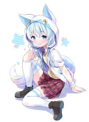 Rule 34 | 1girl, amimi, animal ears, animal hood, arm support, black footwear, blue eyes, blue hair, blush, closed mouth, collared shirt, commentary request, commission, diagonal stripes, fake animal ears, hair between eyes, highres, hood, hood up, hooded jacket, jacket, knee up, looking at viewer, neck ribbon, open clothes, open jacket, original, plaid, plaid skirt, red ribbon, red skirt, ribbon, shadow, shirt, shoe soles, shoes, short sleeves, simple background, skeb commission, skirt, smile, solo, star (symbol), striped, sweater vest, thighhighs, white background, white jacket, white shirt, white thighhighs, wrist cuffs
