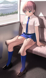 Rule 34 | 1girl, blue necktie, blue skirt, blue socks, blue stripes, blush, braid, braided ponytail, breasts, brown hair, collared shirt, commission, disembodied hand, frown, green eyes, groping, highres, jacket, kani miso, kneehighs, loafers, long sleeves, looking down, medium hair, microskirt, mountain, necktie, open clothes, open jacket, original, panties, pantyshot, pixiv commission, pleated skirt, road, school uniform, shirt, shoes, sitting, skirt, small breasts, socks, solo focus, striped clothes, striped panties, thigh grab, thighs, train interior, underwear, upskirt, v-shaped eyebrows, water, wavy mouth, white shirt, window