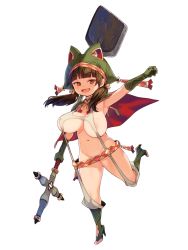 Rule 34 | 1girl, areola slip, belt, belt skirt, blunt bangs, boots, breasts, brown hair, capelet, clenched hand, dairoku ryouhei, fang, full body, gloves, green footwear, green gloves, hat, high heels, holding, holding weapon, large breasts, leg up, long hair, looking at viewer, navel, official art, open mouth, orange eyes, revealing clothes, ryoji (nomura ryouji), shovel, solo, suspenders, transparent background, twintails, weapon