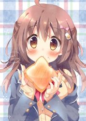 Rule 34 | 1girl, ahoge, black jacket, blazer, bow, bowtie, bread slice, brown eyes, brown hair, cardigan, egg hair ornament, food, food-themed hair ornament, food on face, hair bow, hair ornament, half updo, jacket, kokoa-chan (pan (mimi)), long sleeves, looking at viewer, mouth hold, off shoulder, original, pan (mimi), pink bow, plaid, plaid background, red bow, red bowtie, school uniform, sleeves past wrists, smile, solo, toast, upper body, yellow cardigan