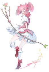 Rule 34 | 1girl, bow, bow (weapon), commentary request, dress, finger to mouth, frilled socks, frills, from side, full body, gawako, gloves, hair bow, high heels, highres, holding, holding bow (weapon), holding weapon, kaname madoka, kneehighs, long hair, looking at viewer, looking to the side, magical girl, mahou shoujo madoka magica, mahou shoujo madoka magica (anime), one eye closed, petticoat, pink bow, pink dress, pink eyes, pink footwear, pink hair, puffy short sleeves, puffy sleeves, short sleeves, simple background, skirt, smile, socks, solo, standing, standing on one leg, twintails, weapon, white background, white gloves, white skirt, white socks