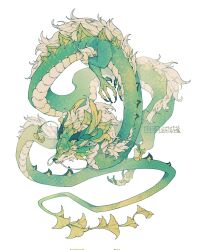 animal_focus artist_name claws dated dragon eastern_dragon fang fang_out full_body ginkgo_leaf green_eyes highres horns leaf monster no_humans original shuini_xiaomao simple_background slit_pupils solo tail white_background