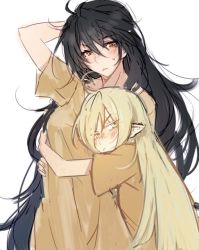 Rule 34 | 2girls, ahoge, arm up, black hair, blonde hair, blush, breasts, brown eyes, brown shirt, closed mouth, commentary, facing viewer, from side, green eyes, hair between eyes, height difference, hug, long hair, looking at viewer, magilou (tales), multiple girls, nose blush, pointy ears, shirt, short sleeves, simple background, standing, sweat, t-shirt, tales of (series), tales of berseria, tusia, upper body, velvet crowe, very long hair, white background, yuri