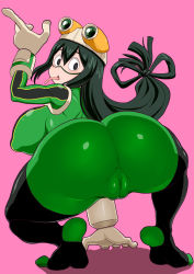 Rule 34 | 1girl, ass, asui tsuyu, black eyes, black hair, bodysuit, boku no hero academia, breasts, cameltoe, covered anus, frog girl, from behind, gloves, goggles, goggles on head, highres, huge ass, large breasts, long hair, looking back, oomaeda, pink background, skin tight, solo, squatting, thighhighs