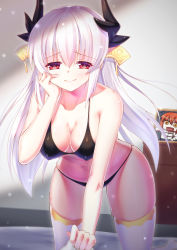 Rule 34 | 1girl, ame wa a ga tsutano?, bent over, bikini, black bikini, black bra, black panties, blush, bra, breasts, cleavage, fate/grand order, fate (series), fujimaru ritsuka (female), hand on own face, highres, horns, kiyohime (fate), kiyohime (third ascension) (fate), leaning forward, long hair, looking at viewer, navel, panties, red eyes, riyo (lyomsnpmp) (style), smile, solo, swimsuit, thighhighs, thighs, underwear, white thighhighs, wide hips