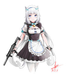 Rule 34 | 1girl, animal ears, apron, artist name, b o y, bell, blue bow, blue eyes, blunt bangs, bow, breasts, cat ears, cat girl, cat tail, commentary, desert eagle, dual wielding, frilled apron, frills, frown, gun, h&amp;k mp7, handgun, heart, highres, holding, jingle bell, long hair, looking at viewer, low twintails, machine gun, machine pistol, maid, maid headdress, name tag, neck bell, nekopara, pantyhose, personal defense weapon, puffy short sleeves, puffy sleeves, short sleeves, signature, simple background, small breasts, solo, submachine gun, suppressor, tail, twintails, uniform, vanilla (nekopara), very long hair, waist apron, weapon, white background, white hair, white pantyhose, wrist cuffs