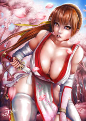Rule 34 | 1girl, bare shoulders, blue sky, breasts, brown eyes, cherry blossoms, cleavage, covered erect nipples, dead or alive, hair ribbon, highres, kasumi (doa), large breasts, ninja, pelvic curtain, petals, ponytail, ribbon, sky, sword, thighhighs, weapon, wyza