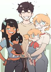 Rule 34 | 1boy, 4girls, absurdres, aged up, ahoge, beard stubble, black-framed eyewear, black hair, black shorts, blue eyes, blue horns, blue overalls, blue panties, blue pants, blue scrunchie, blue shirt, blunt bangs, blunt ends, blush, breasts, brown eyes, brown hair, brown pants, brown shirt, carrying, carrying person, chestnut mouth, closed eyes, colo (nagrolaz), commentary, dark-skinned female, dark skin, demon girl, demon horns, denim, dot nose, earrings, english commentary, face to breasts, facial hair, feet out of frame, freckles, glasses, grey pants, grin, hair between eyes, hair over one eye, hand on own hip, high-waist pants, highleg, highleg panties, highres, horns, jeans, jewelry, kyler (sweethex), long hair, looking at viewer, medium breasts, mephia, messy hair, multiple girls, mustache stubble, no pupils, one eye covered, open mouth, orange hair, outdoors, overalls, panties, pants, panty peek, panty straps, red footwear, red shirt, rita (sweethex), scrunchie, sharp teeth, shirt, short eyebrows, short hair, short ponytail, short sleeves, shorts, side ponytail, sidelocks, small breasts, smile, socks, standing, straight hair, stubble, sweatpants, sweethex, swept bangs, teeth, thick eyebrows, thumb to mouth, underwear, unfinished, upper teeth only, white background, white shirt, white socks, wristlet, yellow eyes