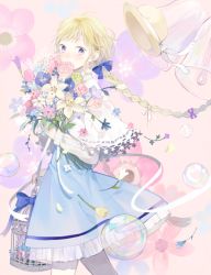 Rule 34 | 1girl, bad id, bad pixiv id, bell, birdcage, blonde hair, blue dress, blush, bouquet, bow, braid, cage, capelet, covered mouth, dress, floral background, flower, from side, hair bow, hat, unworn hat, unworn headwear, lace, long hair, long sleeves, original, petals, purple eyes, seuga, soap bubbles, solo, twin braids, very long hair