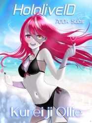 Rule 34 | 1girl, alternate hairstyle, beach, black nails, blush, breasts, character name, cleavage, cloud, commentary, copyright name, english commentary, finger heart, floating hair, grey hair, heart, heterochromia, highres, hololive, hololive indonesia, kureiji ollie, long hair, looking at viewer, maperu, midriff, milestone celebration, mini wings, multicolored hair, nail polish, navel, ocean, pink hair, red eyes, sky, smile, solo, stitched arm, stitched face, stitched leg, stitched torso, stitches, streaked hair, virtual youtuber, water, wings, yellow eyes, zombie