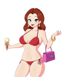 Rule 34 | 1girl, bad id, bad pixiv id, bag, bangle, bare shoulders, bikini, blue eyes, blush, bracelet, breasts, breasts apart, brown hair, cleavage, collarbone, contrapposto, cowboy shot, donkey kong (1981 game), donkey kong (series), earrings, eyelashes, fingernails, food, gold bracelet, gold earrings, handbag, highres, holding, holding food, ice cream, ice cream cone, jewelry, large breasts, light blush, lipstick, looking at viewer, makeup, mario (series), medium hair, melting, nail polish, navel, nintendo, onkelhhh, open mouth, pauline (mario), pink bag, red bikini, red lips, red nails, shiny skin, side-tie bikini bottom, simple background, smile, solo, standing, stomach, swimsuit, teeth, thighs, tongue, upper teeth only, white background