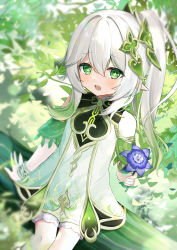Rule 34 | 1girl, blush, dress, elf, flower, flustered, genshin impact, green eyes, half-closed eyes, highres, holding, holding flower, leaf, looking at viewer, mogumogumo 0, nahida (genshin impact), open mouth, outstretched hand, pointy ears, ponytail, sitting, solo, symbol-shaped pupils, tree, white hair