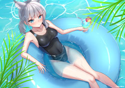 Rule 34 | 1girl, animal ear fluff, animal ears, armpits, bare arms, bare legs, bare shoulders, black one-piece swimsuit, blue archive, blue eyes, breasts, caustics, competition swimsuit, covered navel, extra ears, fox ears, from above, grey hair, highres, holding, innertube, large breasts, maru.selinn, mismatched pupils, one-piece swimsuit, ponytail, shiroko (blue archive), shiroko (swimsuit) (blue archive), solo, swim ring, swimsuit, thighs, tropical drink, water, wet