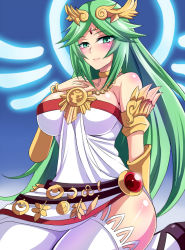 Rule 34 | 1girl, bare shoulders, blush, breasts, cleavage, curvy, female focus, green eyes, green hair, hair ornament, jewelry, kid icarus, kid icarus uprising, large breasts, long hair, looking at viewer, matching hair/eyes, nintendo, nishida megane, palutena, sitting, smile, solo, thighhighs, very long hair, white thighhighs, wide hips