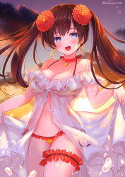 Rule 34 | 1girl, bare shoulders, blue eyes, breasts, brown hair, choker, cleavage, collarbone, cowboy shot, earrings, evening, fate/grand order, fate (series), flower, frilled choker, frills, gold, groin, hair flower, hair ornament, highres, hoop earrings, jewelry, long hair, looking at viewer, mata hari (fate), medium breasts, navel, open mouth, pendant, pendant choker, pika mouse, see-through, sky, smile, swimsuit, swimsuit cover-up, thigh strap, twintails, water drop