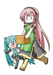 Rule 34 | &gt;:d, &gt; &lt;, 2girls, :d, apron, aqua hair, black legwear, boots, box, cardboard box, carrying, chibi, chibi miku, closed eyes, cross-laced footwear, detached sleeves, hatsune miku, headphones, long hair, megurine luka, minami (colorful palette), multiple girls, necktie, open mouth, outstretched arms, pink hair, shirt, simple background, skirt, smile, the thing not quite sure what it is, thighhighs, twintails, v-shaped eyebrows, very long hair, vocaloid, walking, white background, xd, zettai ryouiki, | |