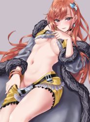 Rule 34 | 1girl, arisugawa natsuha, artist request, bare shoulders, belt, blush, bracelet, breasts, clothes lift, clothes pull, coat, crop top, earrings, fur-trimmed coat, fur trim, grey background, grey coat, grey eyes, hair ornament, idolmaster, idolmaster shiny colors, jewelry, large breasts, lifting own clothes, long hair, long sleeves, looking at viewer, navel, off shoulder, open clothes, open coat, orange hair, shirt, shirt lift, simple background, skirt, skirt pull, smile, solo, swept bangs, thighs, underboob, urayama (backmountain), yellow shirt, yellow skirt