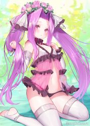 Rule 34 | 1girl, :o, babydoll, bare shoulders, black panties, blush, breasts, commentary request, detached sleeves, fate/grand order, fate (series), flower, flower wreath, frills, hair ribbon, head wreath, long hair, looking at viewer, medusa (fate), medusa (lancer) (fate), medusa (lancer) (final ascension) (fate), medusa (rider) (fate), navel, no shoes, official alternate costume, panties, parted bangs, parted lips, pink flower, pink rose, purple hair, red eyes, ribbon, rider, rose, sitting, small breasts, solo, stirrup legwear, suzuho hotaru, thighhighs, toeless legwear, twintails, twitter username, underwear, underwear only, very long hair, wariza, white ribbon, white thighhighs