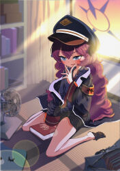 Rule 34 | 1girl, :d, absurdres, aghanseonmul, armband, black coat, blue archive, blurry, book, bookshelf, bow, coat, collared shirt, commentary request, curtains, depth of field, electric fan, grey eyes, hair between eyes, hair bow, hair ribbon, halo, hat, highres, indoors, iroha (blue archive), long hair, long sleeves, looking at viewer, necktie, open clothes, open coat, open mouth, peaked cap, pencil skirt, pleated skirt, red hair, ribbon, school uniform, shirt, sidelocks, sitting, skirt, smile, solo, sunlight, tatami, wariza, wavy hair, window