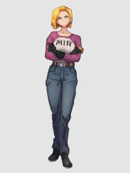 Rule 34 | 1girl, android 17, android 17 (cosplay), android 18, belt, black footwear, black gloves, black pants, blonde hair, blue eyes, brown belt, closed mouth, cosplay, dragon ball, dragon ball super, full body, gloves, grey background, kemachiku, long sleeves, looking at viewer, pants, shirt, shoes, short hair, simple background, solo, standing