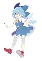 Rule 34 | 1girl, 76gpo, ascot, blue eyes, blue hair, blue shirt, blue skirt, cirno, full body, highres, ice, ice wings, looking at viewer, navel, open mouth, puffy short sleeves, puffy sleeves, red footwear, shirt, short hair, short sleeves, simple background, skirt, solo, touhou, white background, wings, yellow ascot
