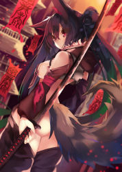 Rule 34 | 1girl, amakawa sakko, animal ears, ass, bare shoulders, black hair, blurry, blush, breasts, closed mouth, cowboy shot, depth of field, fox ears, fox girl, fox tail, hair between eyes, holding, holding sword, holding weapon, japanese clothes, katana, long hair, looking at viewer, looking back, medium breasts, no panties, original, outdoors, purple hair, red eyes, reverse grip, sideboob, solo, standing, sword, tail, talisman, thighs, twintails, uchigatana, weapon