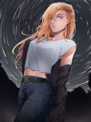 Rule 34 | 1girl, absurdres, belt, black belt, black jacket, blonde hair, blue eyes, blue pants, breasts, chiwa kotarou, commentary, denim, english commentary, hair between eyes, highres, jacket, jeans, long hair, looking at viewer, medium breasts, midriff, navel, night, off shoulder, open clothes, open jacket, original, outdoors, pants, parted lips, shirt, short sleeves, solo, standing, star (sky), white shirt