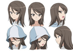 Rule 34 | 1girl, brown eyes, brown hair, closed eyes, closed mouth, collarbone, concept art, from side, girls und panzer, hair between eyes, light smile, mika (girls und panzer), multiple views, official art, one eye closed, open mouth, shirt, simple background, tulip hat, white background